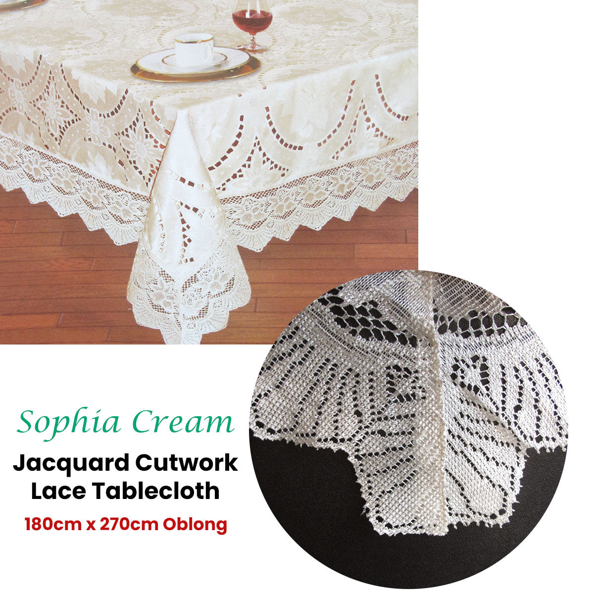 NNEDSZ Chapel Gate Sophia Cream Jacquard Cutwork Lace Tablecloth 180 x 270 cm-1