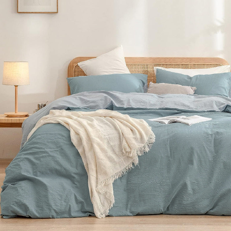NNEDSZ Blue 1.8m (Duvet Cover 180*220cm) Luxurious Soft Brushed Microfiber 4-Piece Bedding Set - Pure Color Double Bed Duvet Cover with Fitted Sheet-0