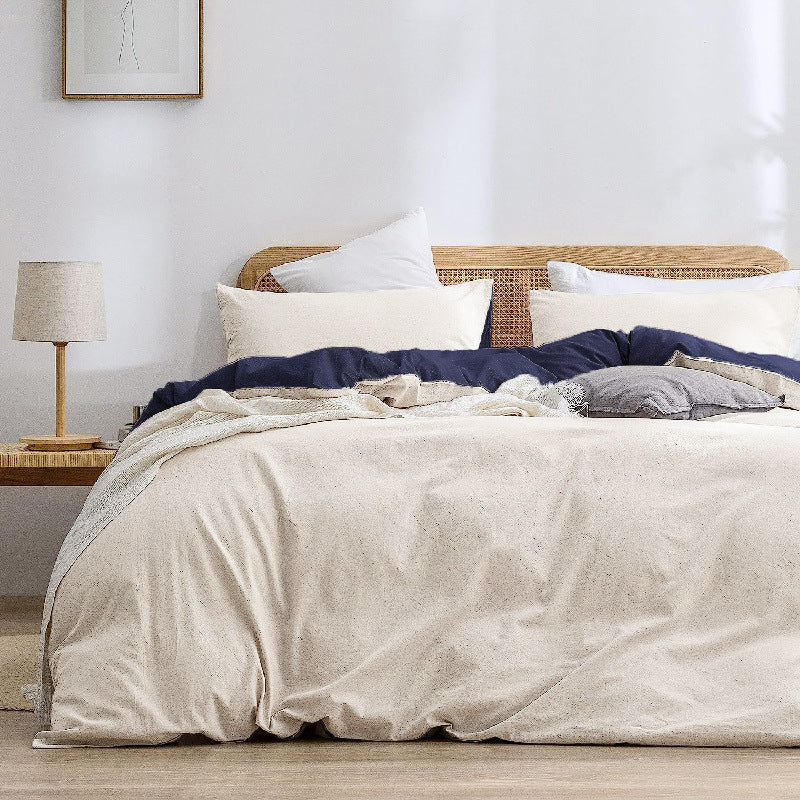 NNEDSZ Beige Blue 1.8m (Duvet Cover 180*220cm) Luxurious Soft Brushed Microfiber 4-Piece Bedding Set - Pure Color Double Bed Duvet Cover with Fitted Sheet-0